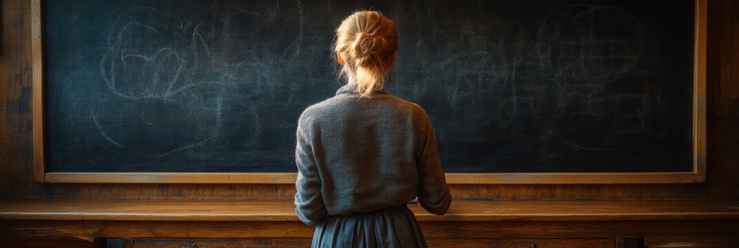 Teacher conducting a lesson in a classroom with a blackboard during school hours