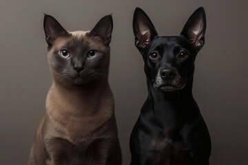 Fototapeta premium A cat and dog sit side-by-side, gazing intently.