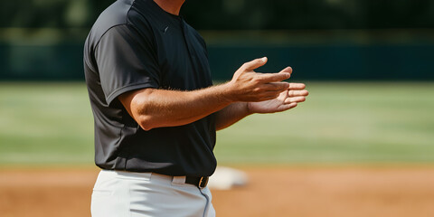 A coach giving signals to a batter from the third base line, his hands moving rapidly in focus.


