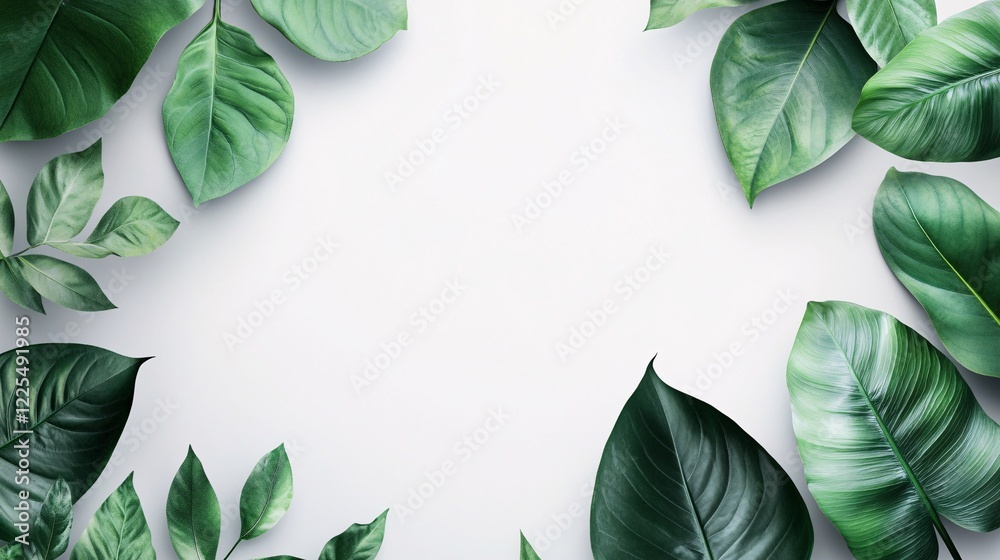 Poster tropical green leaves creating a frame on white background