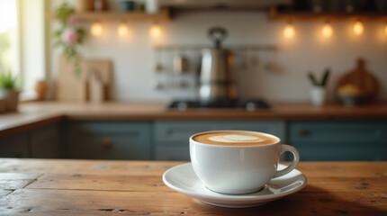 Latte with Beautiful Foam Art on a Rustic Wooden Table in a Cozy Kitchen