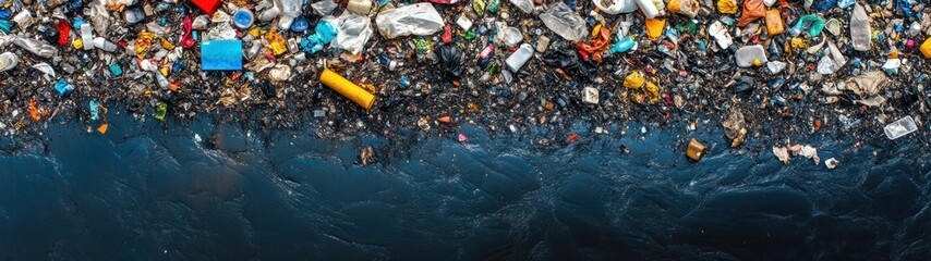 Obraz premium Plastic Pollution Covers Dark Water Surface