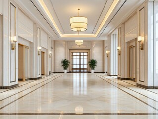 Obraz premium Elegant modern hallway with polished marble floor and bright lighting