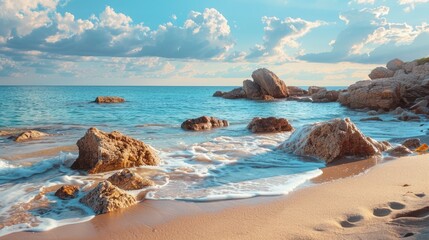 Sandy beach by the sea with rocks, ideal for product ads.