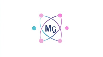 Logo, minimalist style shape with text Mg, an outline of an atom in the center and two circles around it. Solid background color, light purple and blue colors, simple design, vector graphic