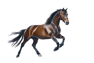 Majestic brown horse in motion against a black background