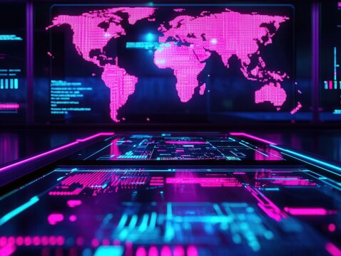 Futuristic control room with holographic world maps and glowing cyber attack indicators, abstract tech visuals
