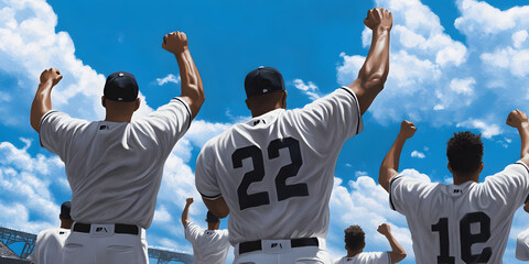 A team celebrating a walk-off win, players storming the field with arms raised in triumph.


