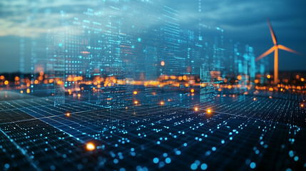 Fototapeta premium Vision of nature technology wind turbines, delicate balance between innovation, environment. AI system, holographic projections, humanity’s pursuit of efficiency, sustainability progress. Illustration