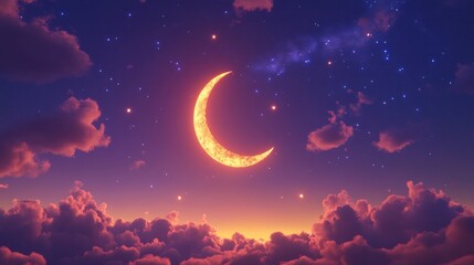Golden Crescent Moon Above Pink Clouds and Stars