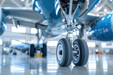 Fototapeta premium A close-up view of an aircraft's landing gear, showcasing the wheels and structural components inside a bright hangar setting.