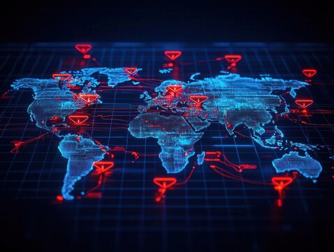 Network map with glowing attack paths and highlighted nodes, symbolizing active cyber threat intelligence systems