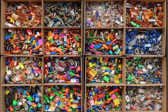 A vibrant collection of assorted colorful plastic toys organized in compartments, showcasing a playful and creative assortment.