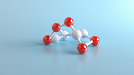 Blue background, 3D model of a molecule with several spheres on a light blue background, light gray and white color palette, high detail, glowing highlights, cinematic lighting