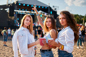 Group of young women toast with cocktails on sandy shore at sunset, celebrating during outdoor music event. Happy friends enjoy summer fest vibes, casual beach party with live stage in background.