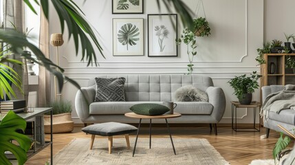 Stylish home decor with grey sofa, plants, and elegant accessories. Brown wood flooring with space for text on a poster.