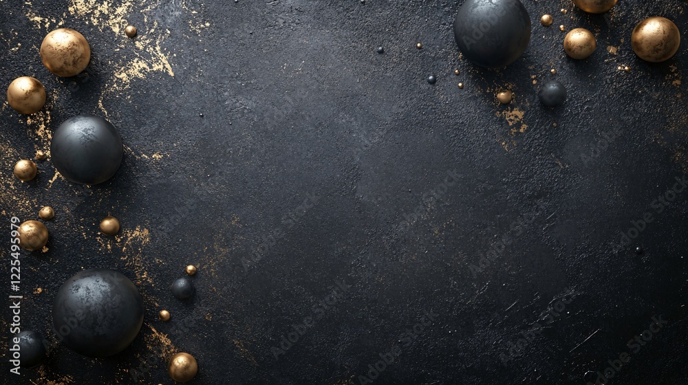 Aufkleber Black and gold spheres creating an elegant border on dark textured background