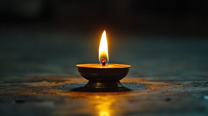 Illuminated Oil Lamp with Flame in Dark Background