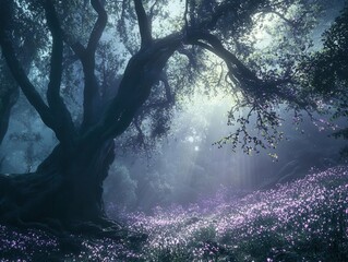 enchanted forest clearing bathed in ethereal moonlight, where bioluminescent flowers and ancient trees create a mystical atmosphere, mist swirling around twisted branches