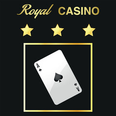 Golden casino logo with three stars and ace. Vector on a black background