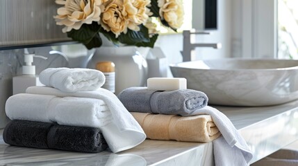 Towels displayed on marble table in bathroom setting for product showcase.
