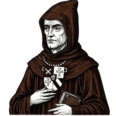 Ink Drawing of a Monk, Medieval Book Illustration, White Background


