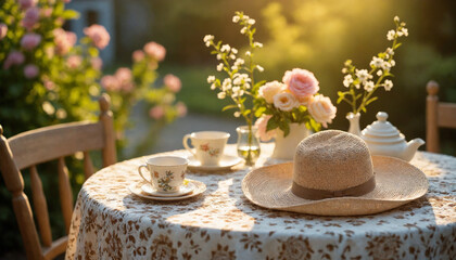 Charming outdoor tea party setup with a floral tablecloth, teacups, and fresh flowers in a sunny garden