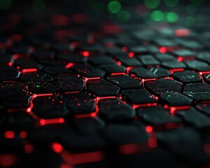 Obraz premium Abstract cyber grid showing vulnerabilities and defenses, glowing red and green nodes, cyber threat system concept