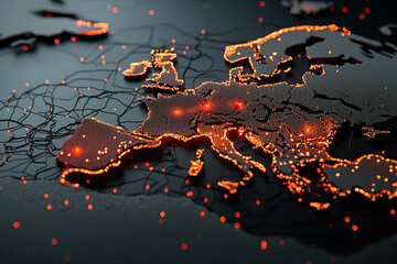 vibrant map of Europe glows with conversion hotspots, symbolizing connectivity and data flow across continent. illuminated points highlight key areas of digital interaction and network activity