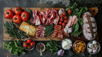 Variety of food displayed on wooden cutting board