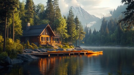 Obraz premium Scenic lake house with kayaks and canoes on the dock, calm water, surrounded by forest 