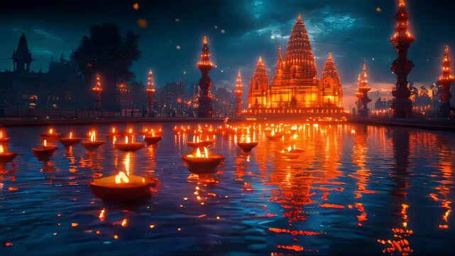 A stunning temple glowing with Diwali lights, surrounded by floating diyas on a calm water surface, symbolizing spirituality and festivity