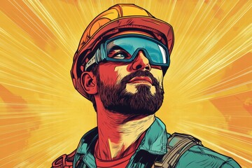 Graphic layout featuring a confident construction worker wearing a helmet and goggles