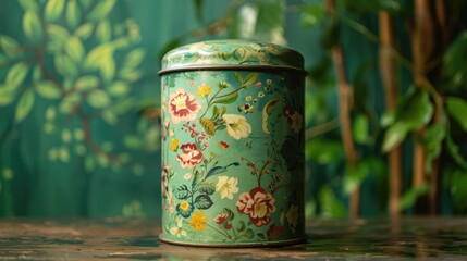 Vintage tea tin with green background for kitchen organization.