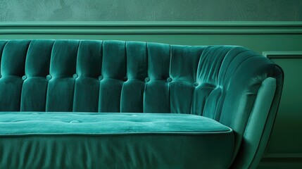 Obraz premium Vintage sofa in emerald velour fabric with elegant stitching.
