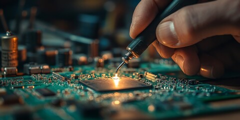 A close-up of a technician's hand soldering a microchip on a circuit board, representing innovation and technical craftsmanship in electronics.