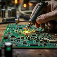 A close-up of a technician's hand soldering a microchip on a circuit board, representing innovation and technical craftsmanship in electronics.