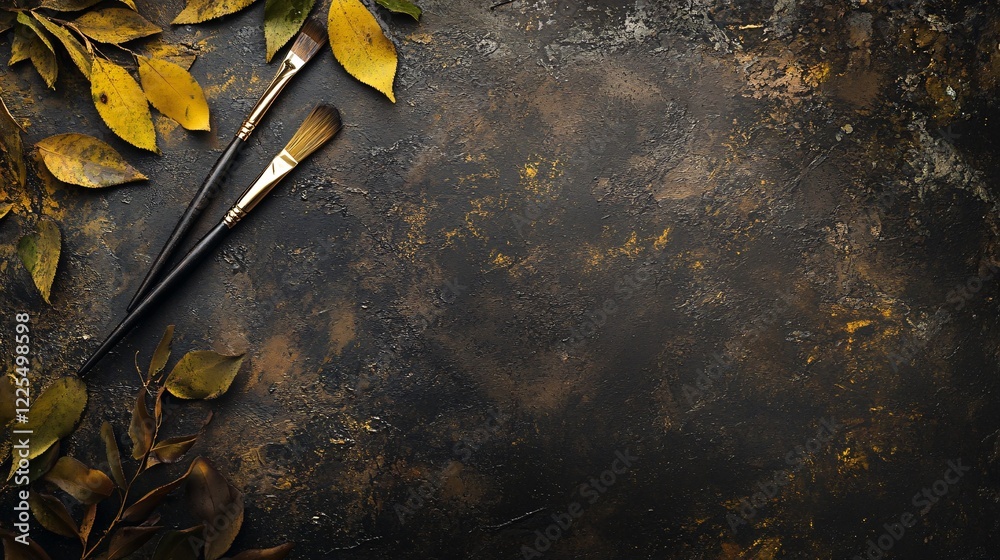 Poster paint brushes and autumn leaves creating a cozy artistic background