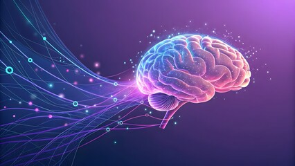 Vibrant Brain Illustration with Colorful Data Flow on Purple Background