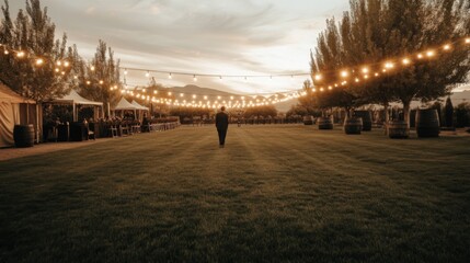 Man walking towards sunset at outdoor event with string lights and wine barrels.