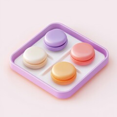 Obraz premium A colorful assortment of four macarons arranged in a decorative tray, showcasing pastel hues of purple, pink, yellow, and white.