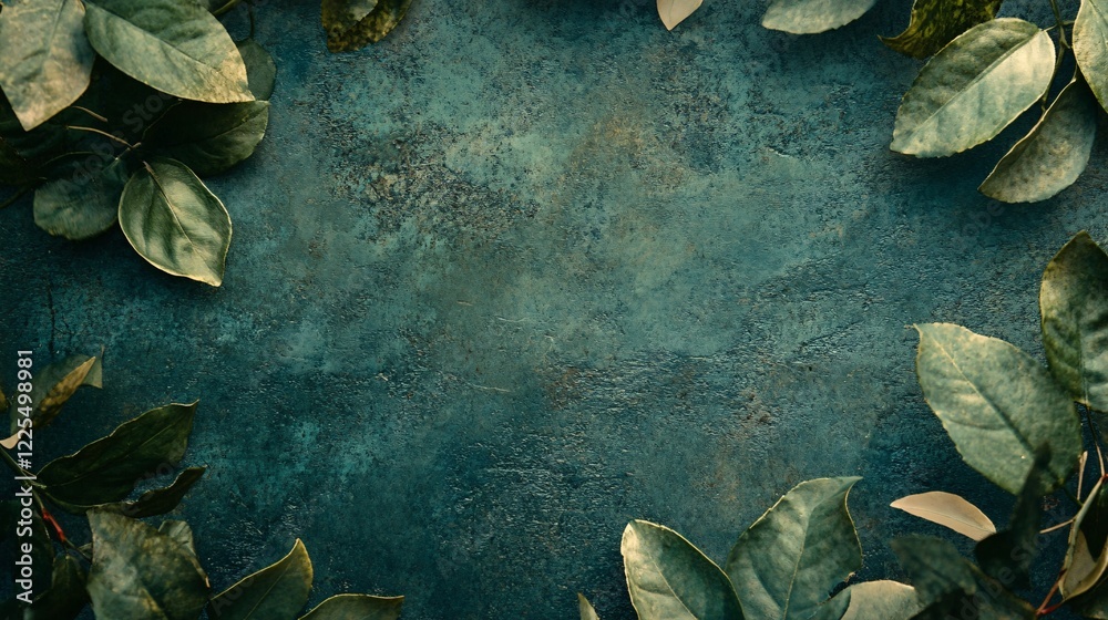 Poster green leaves bordering textured teal background creating copy space