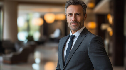 Fototapeta premium A confident male executive with salt-and-pepper hair, dressed in a tailored charcoal suit and a crisp white shirt, positioned against a blurred modern lobby with subtle lighting accents, photographed 