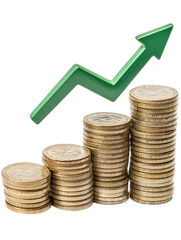 Isolated Piles of Gold Coins with Increasing Height and Upward Green Arrow