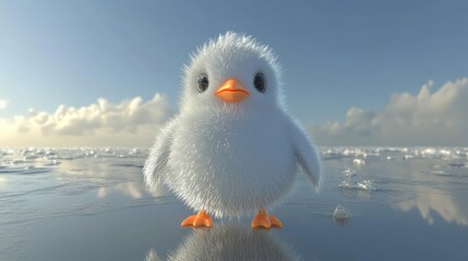 Fluffy White Chickling Stands On Icy Ground