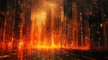 Fototapeta premium Futuristic city under cyber attack, data streams corrupted, buildings flickering with glitches 