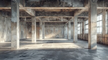 Weathered Concrete Warehouse Interior With Large Windows