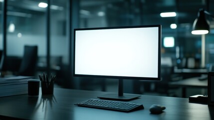 Naklejka premium Modern Desktop Computer in a Dimly Lit Office