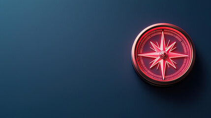 glowing red compass on dark blue background symbolizes direction and guidance. vibrant design contrasts with minimalist setting, creating striking visual