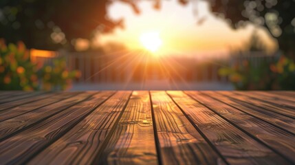 Wooden floor with blurred sunset background and space for editing or design.